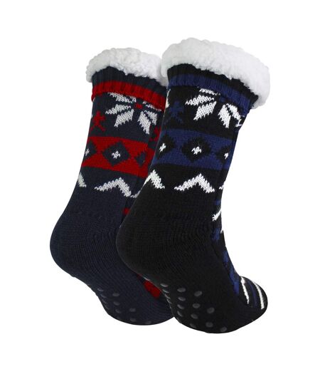 Lot de 2 chaussettes pantoufles en tricot Fairisle pour hommes avec Sherpa
