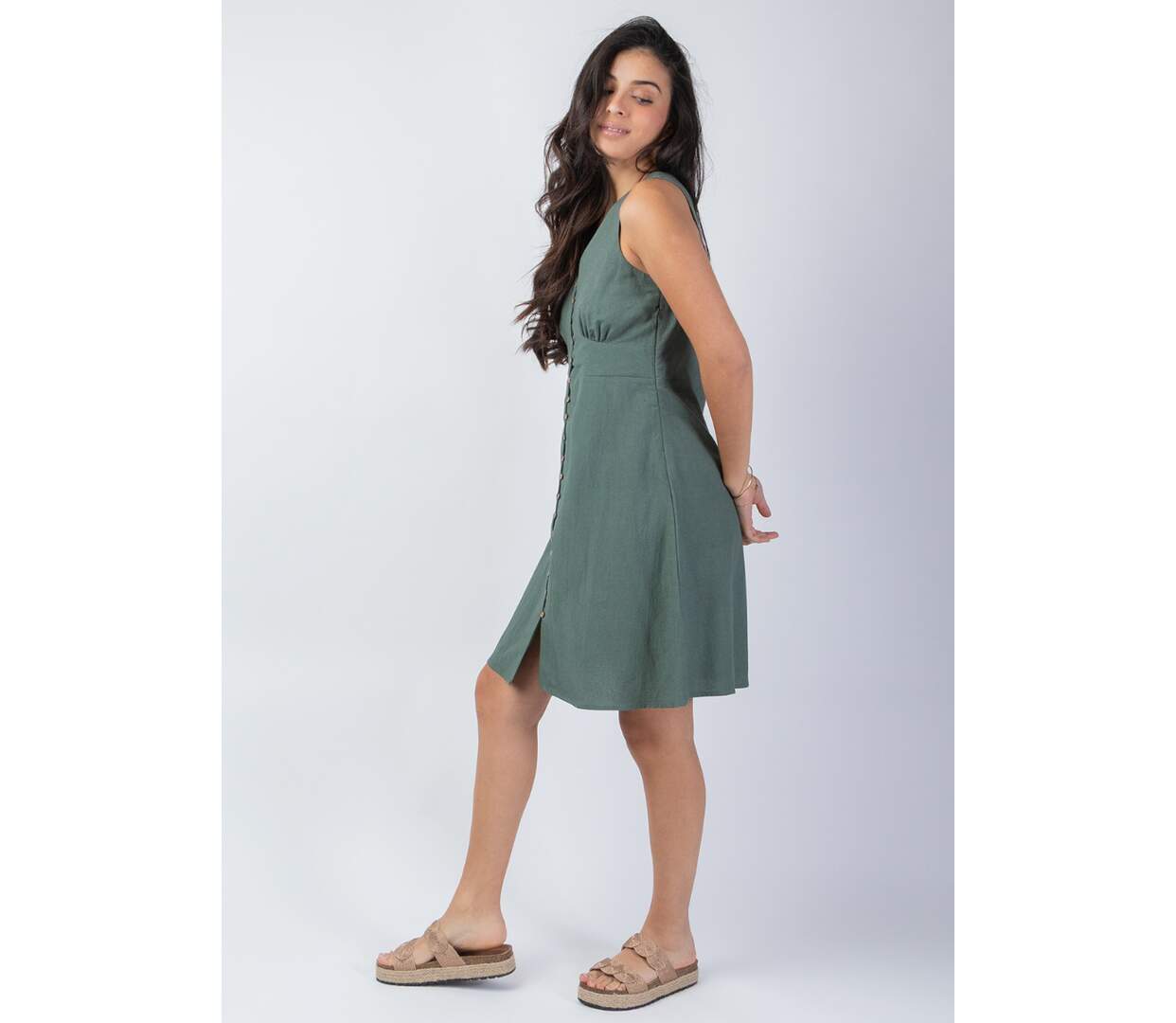 Robe courte sans manches MAURINE unie kaki Coton Du Monde-3