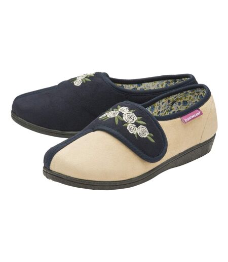 Ladies Adjustable Wide Fit Floral Slippers