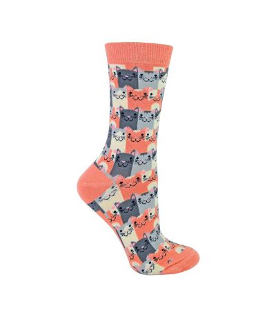 1 Pack Ladies Novelty Dusky Pink Happy Cat Bamboo Socks