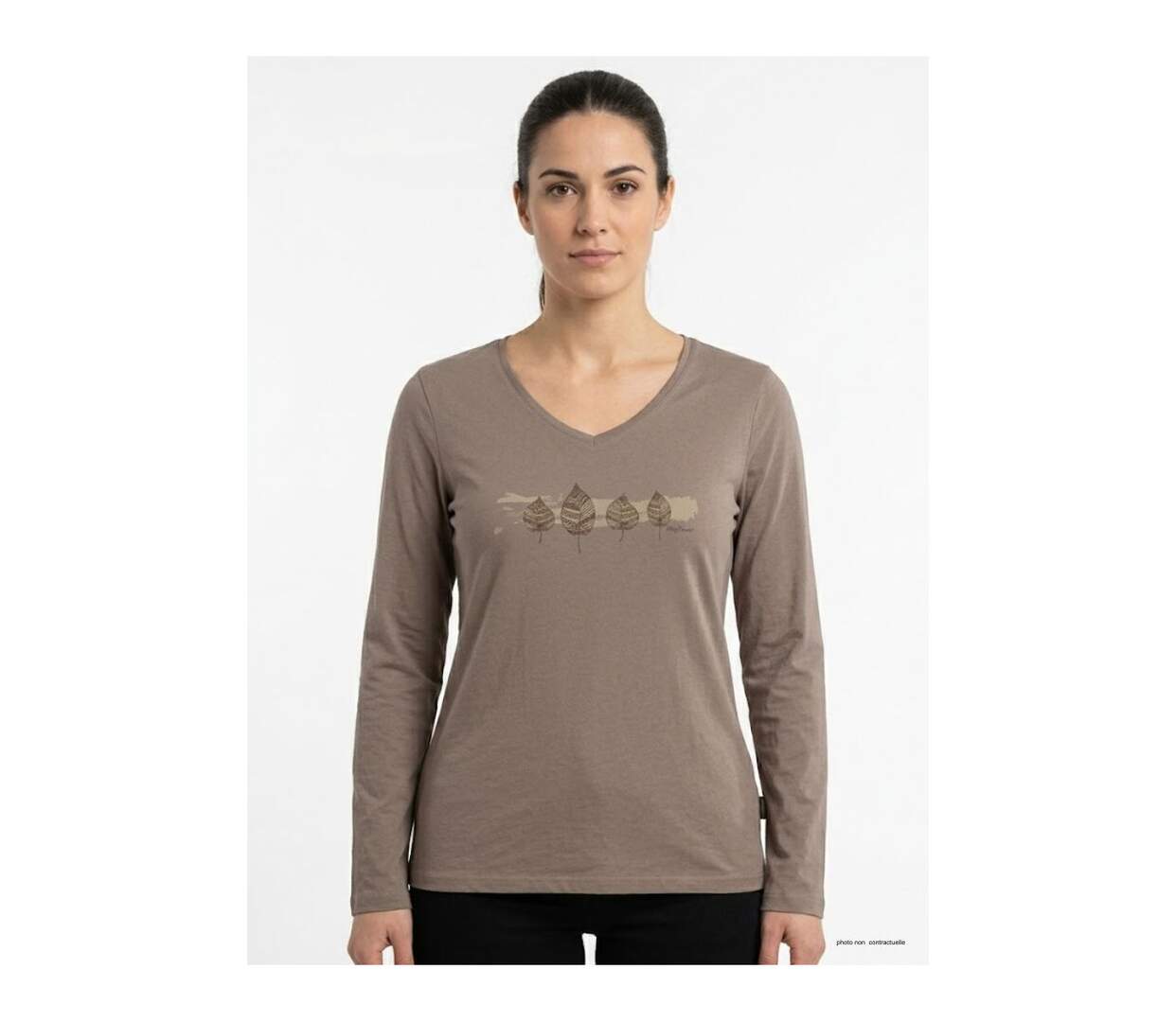 Mayflower NERVAL5 : Tee-shirt femme manches longues beige en coton avec petit col V-1