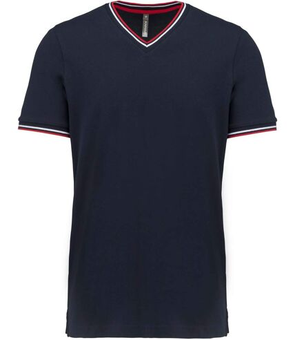 T-shirt manches courtes coton piqué col V K374- bleu marine red - homme