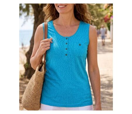 MAYFLOWER LOTUS1 — Débardeur bleu femme coton : l'élégance naturelle des boutons coconut