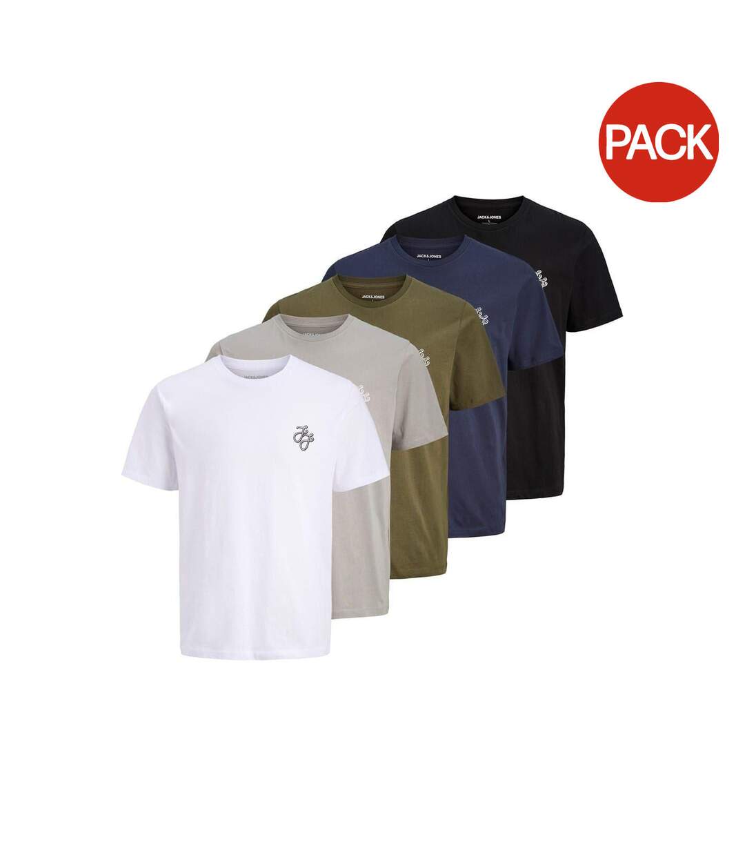 Lot De 5  T-shirts Corp Homme Bleu Marine Blanc Noir Gris Vert Kaki Jack And Jones-1
