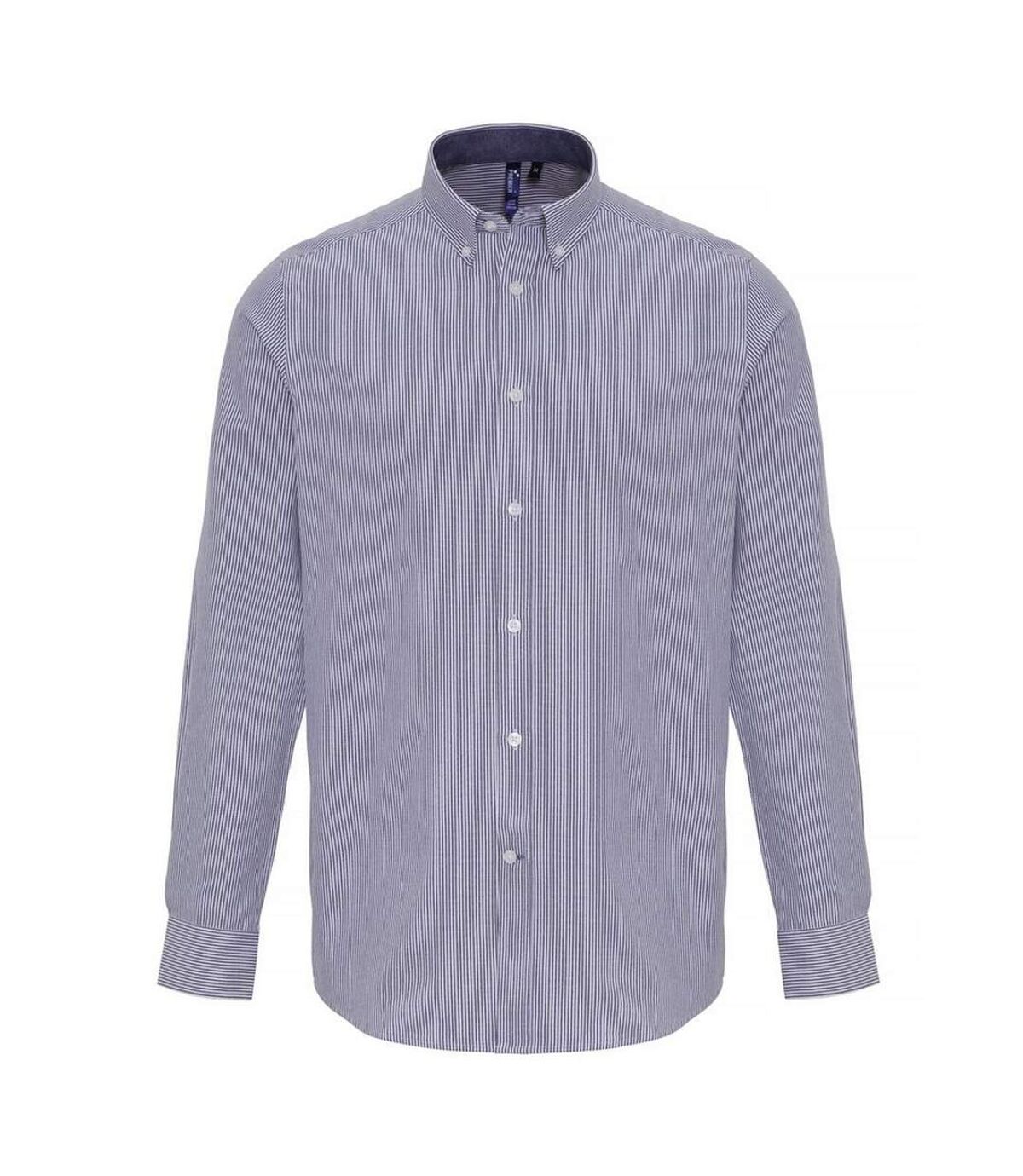 Premier Mens Cotton Rich Oxford Stripe Shirt (White/Navy) - UTRW6594