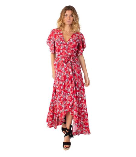 Robe longue SAKURA bohème imprimé fleuri rouge Coton Du Monde