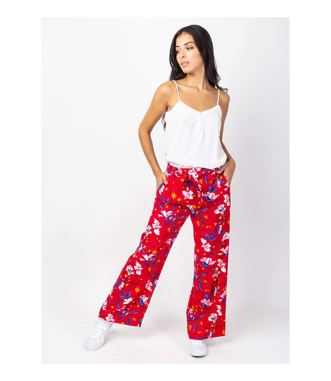 Pantalon large fluide ceinturé MELODY rouge Coton Du Monde