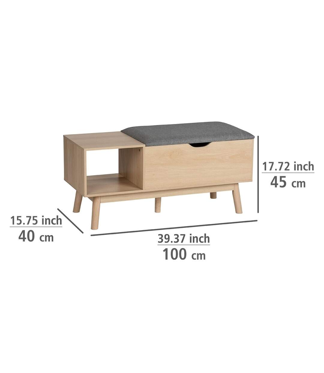 Banc d'entrée Edda avec coffre de rangement et niche ouverte - Gris et bois-2