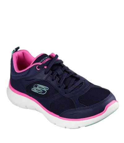 Womens/ladies flex appeal 5.0 fresh touch leather trainers navy/hot pink Skechers