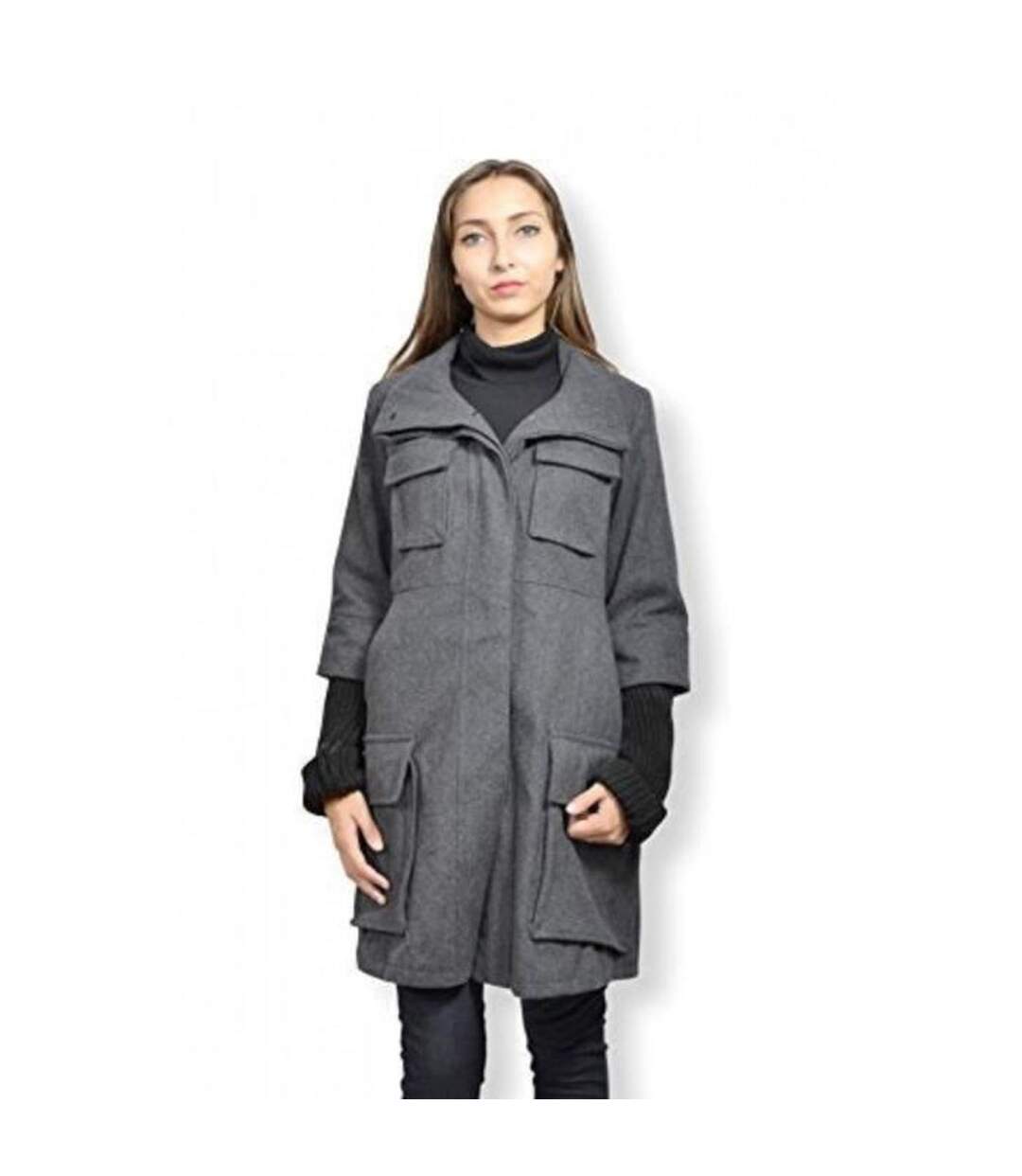 Manteau long femme manches longues en rap de laine de couleur gris-1