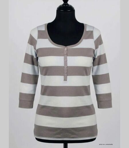 MAYFLOWER DOMINGO1 - Tee-shirt manches 3/4 beige en pur coton avec col boutonné