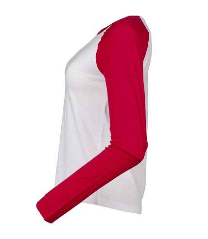 Womens/ladies long-sleeved baseball t-shirt white/hot pink Skinni Fit