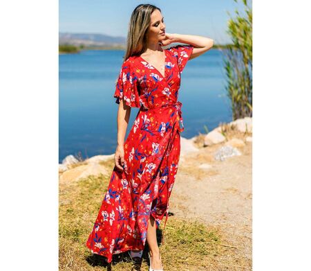 Robe longue SAKURA bohème imprimé fleuri rouge Coton Du Monde