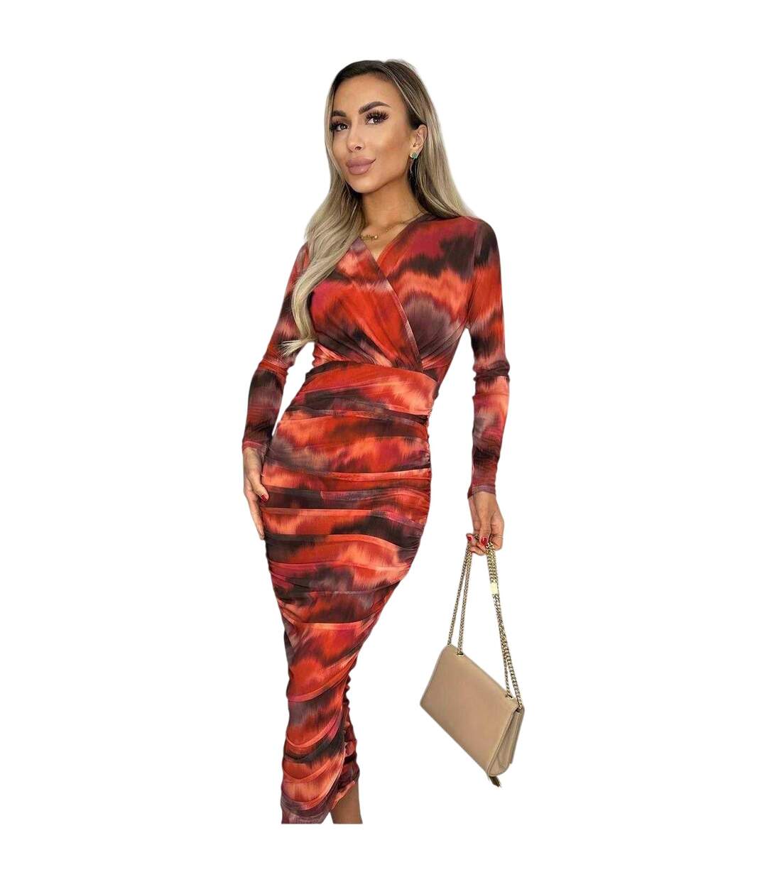 Robe Portefeuille Manches Longues Femme Rouge Pastel AX Paris-4