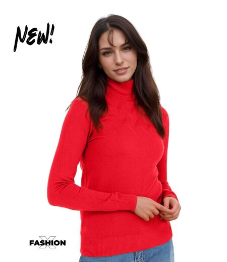 Pull femme manches longues - Col roulé - Couleur rouge