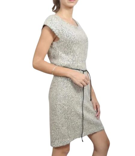 Robe Beige Chinée Sans Manches Femme, Longueur Genoux, Col Bateau, Ceinture Incluse, Doublée