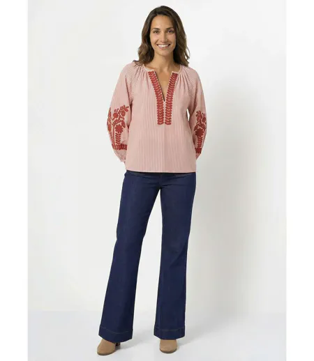 Blouse rayée avec broderies feuillages