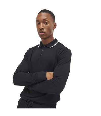 Mens Tipped Long-sleeved Polo Shirt Deep Black White Awdis
