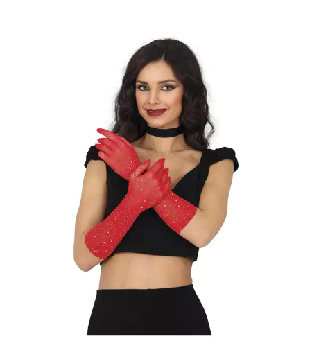 Womens/ladies Mesh Rhinestone Gloves Red Fiestas Guirca