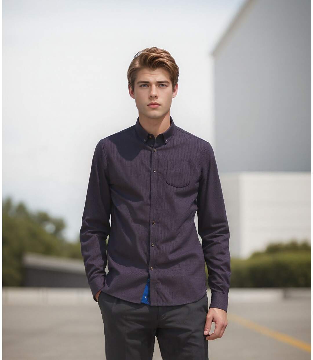 Chemise Homme Imprimée à  Manches Longues en Coton Bleu-4