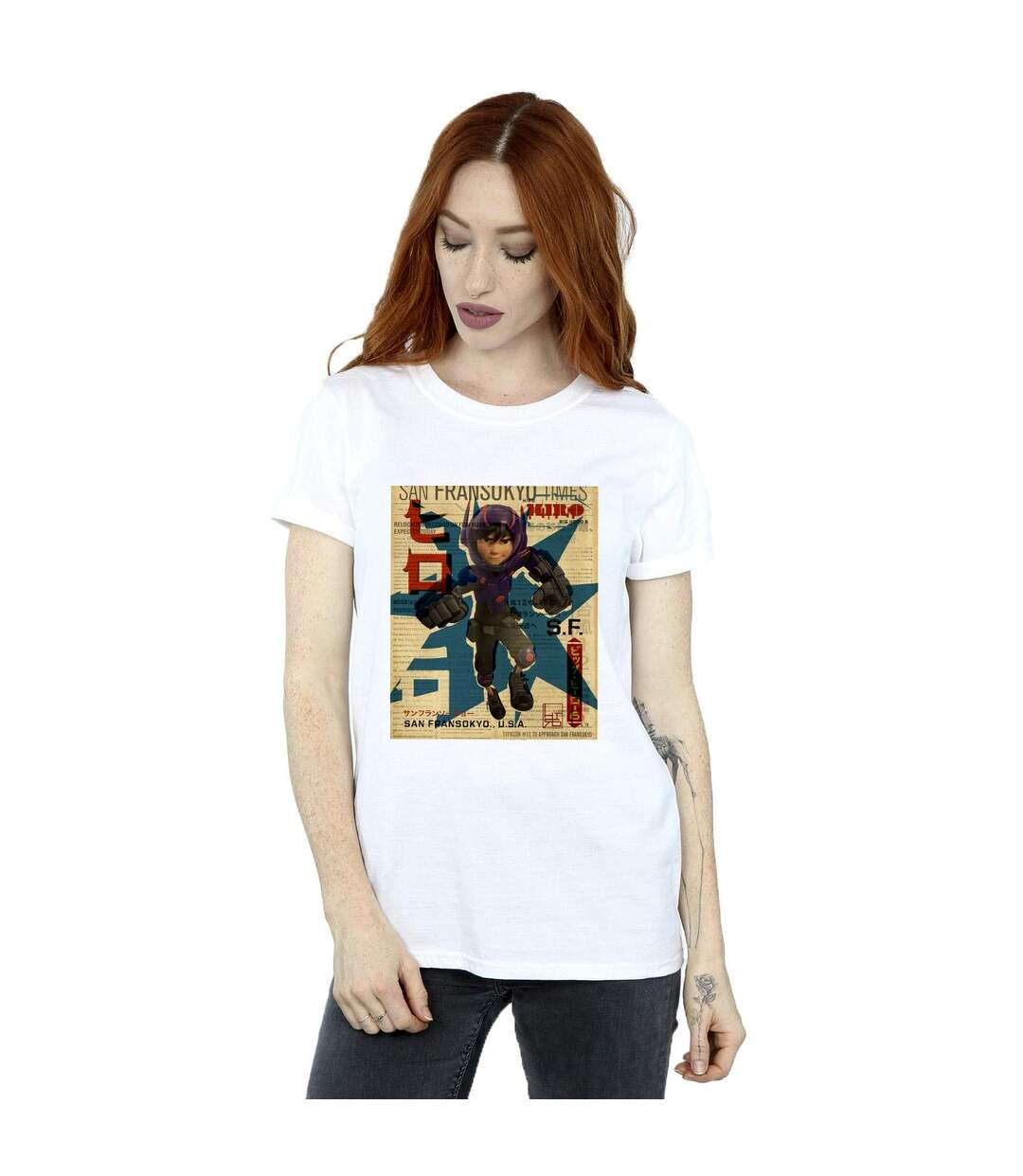 Disney Femme/Les femmes Big Hero 6 Baymax Hiro Newspaper Coton Boyfriend T-Shirt (Blanc) - UTBI15473-2