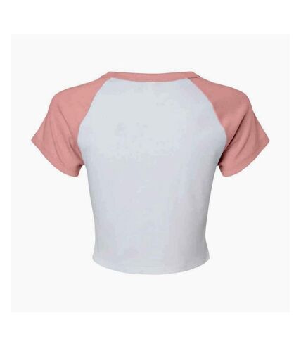 Womens/ladies micro-rib raglan crop top white/pink Bella + Canvas