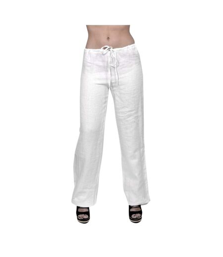 Pantalon femme  large blanc en lin - Coupe large - Cordon taille