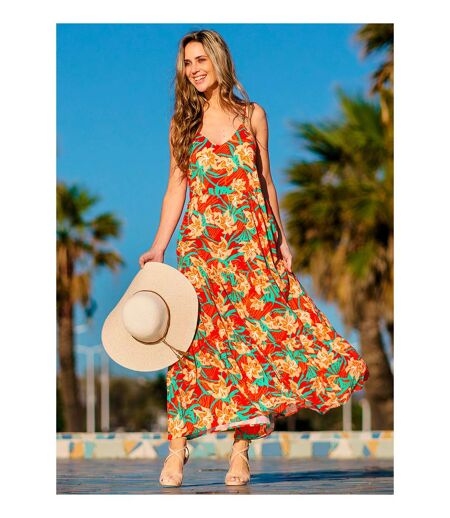 Robe bohème chic longue MONICA motif tropical orangé Coton Du Monde