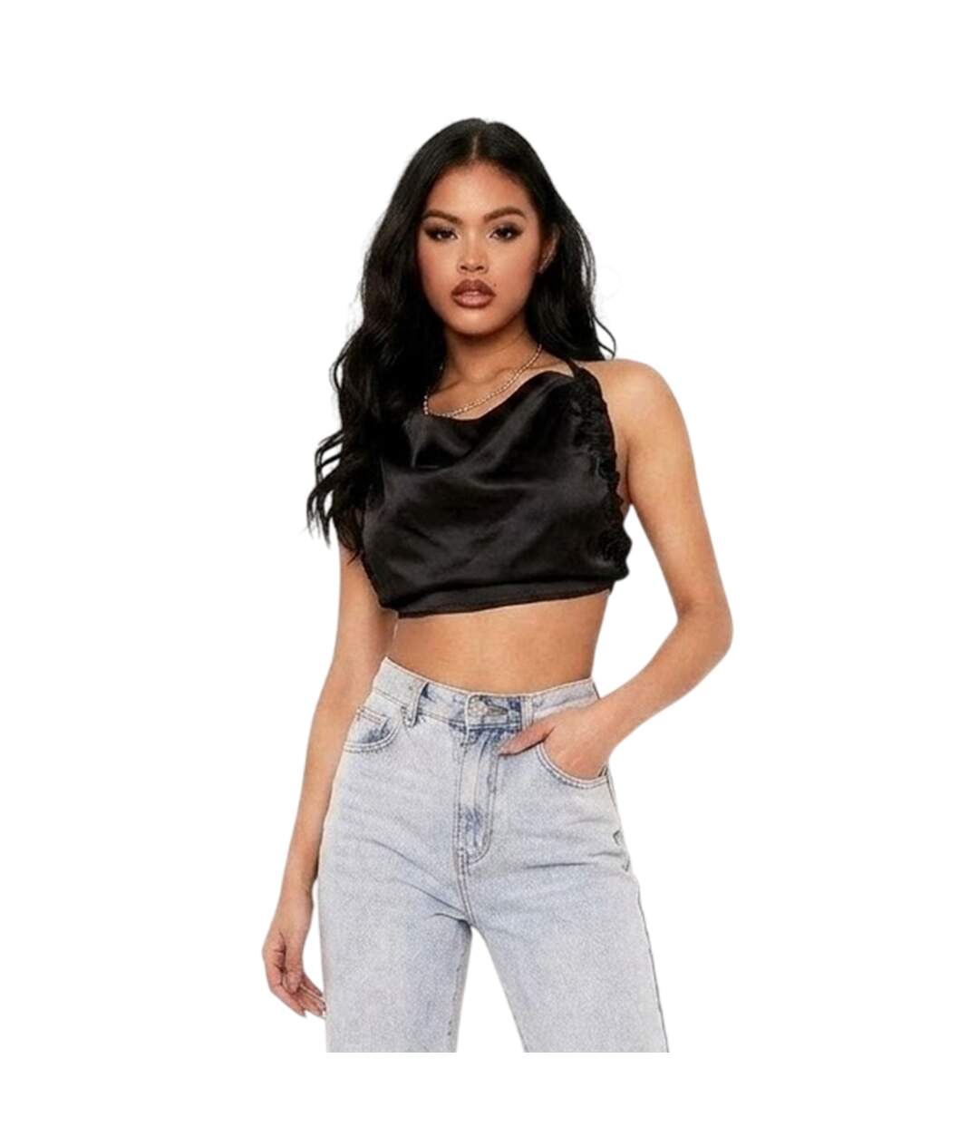 Womens/ladies Satin Crop Top Black Missy Empire-2