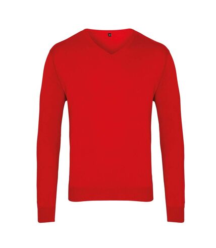Premier Mens Knitted Cotton Acrylic V Neck Sweatshirt (Red)