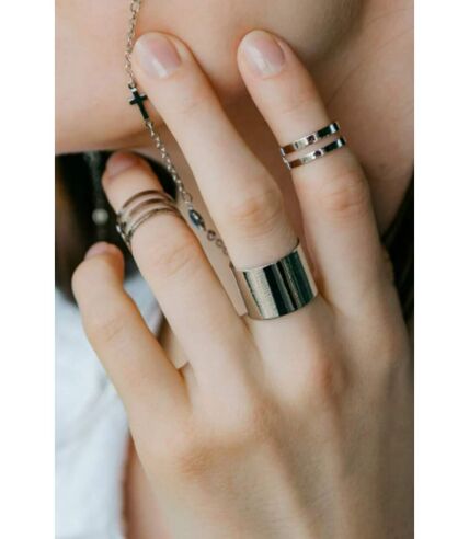 3 Piece Silver Adjustable Thick Wide Band Cuff Stackable Midi Ring Set