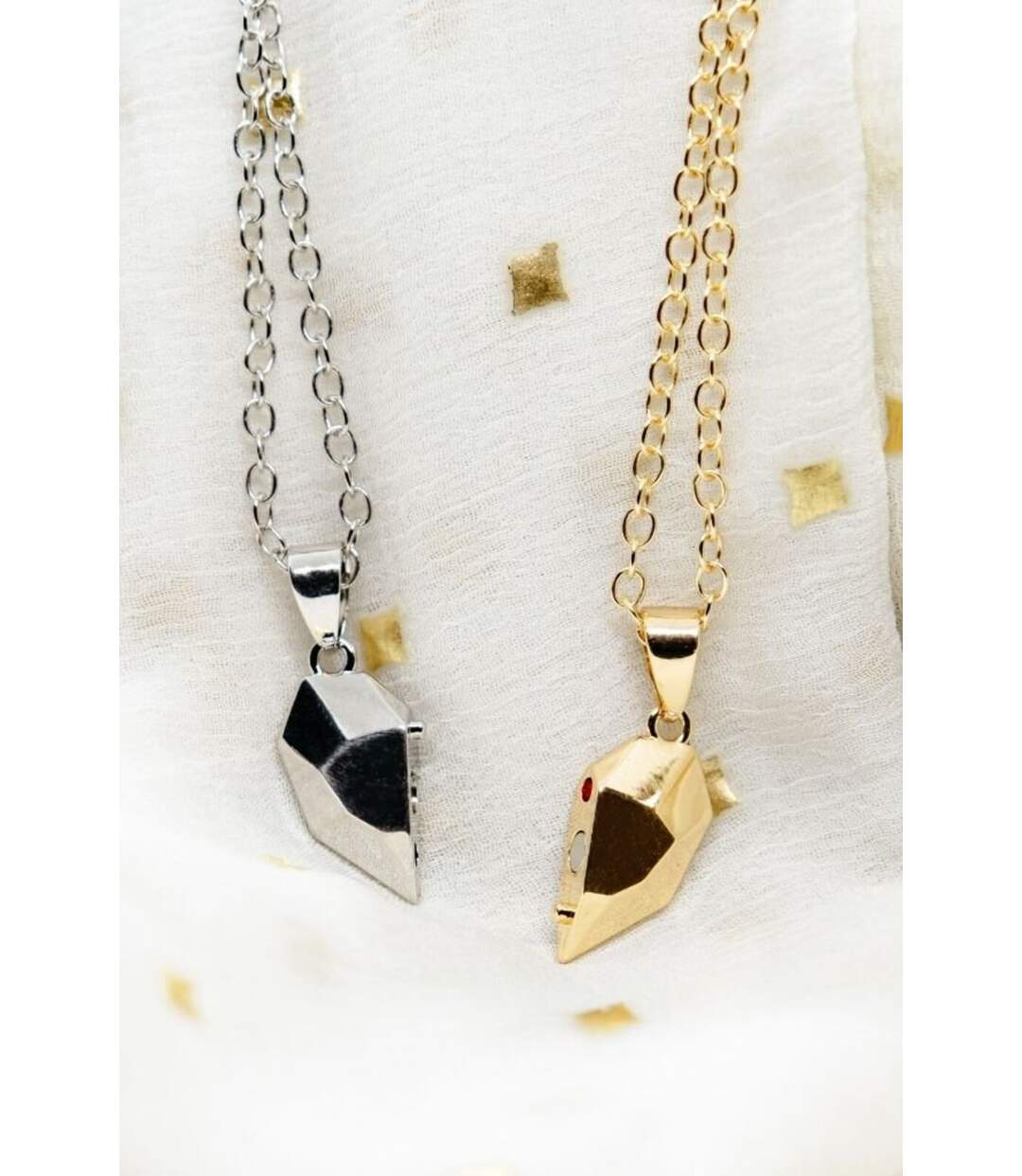 2 Pcs Heart Magnetic Silver Gold Couple Matching Pendant Necklace-2