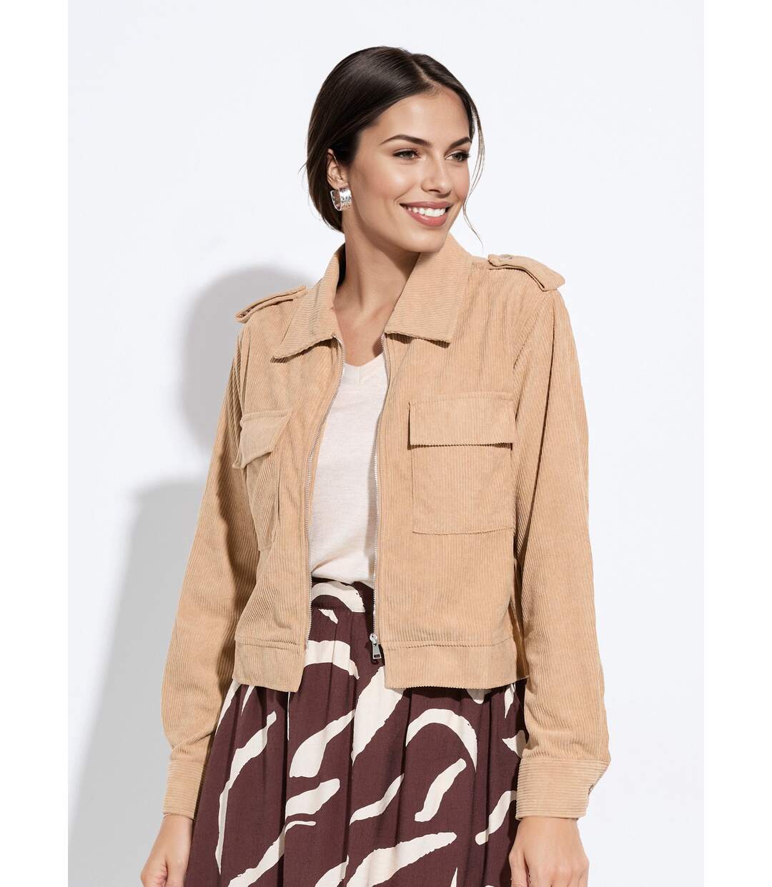 Blouson zippé court velours grosses cotes-1