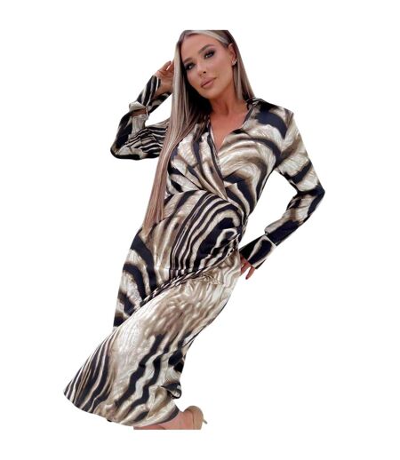 Robe Portefeuille Manches Longues Femme Marron Noir Blanc AX Paris