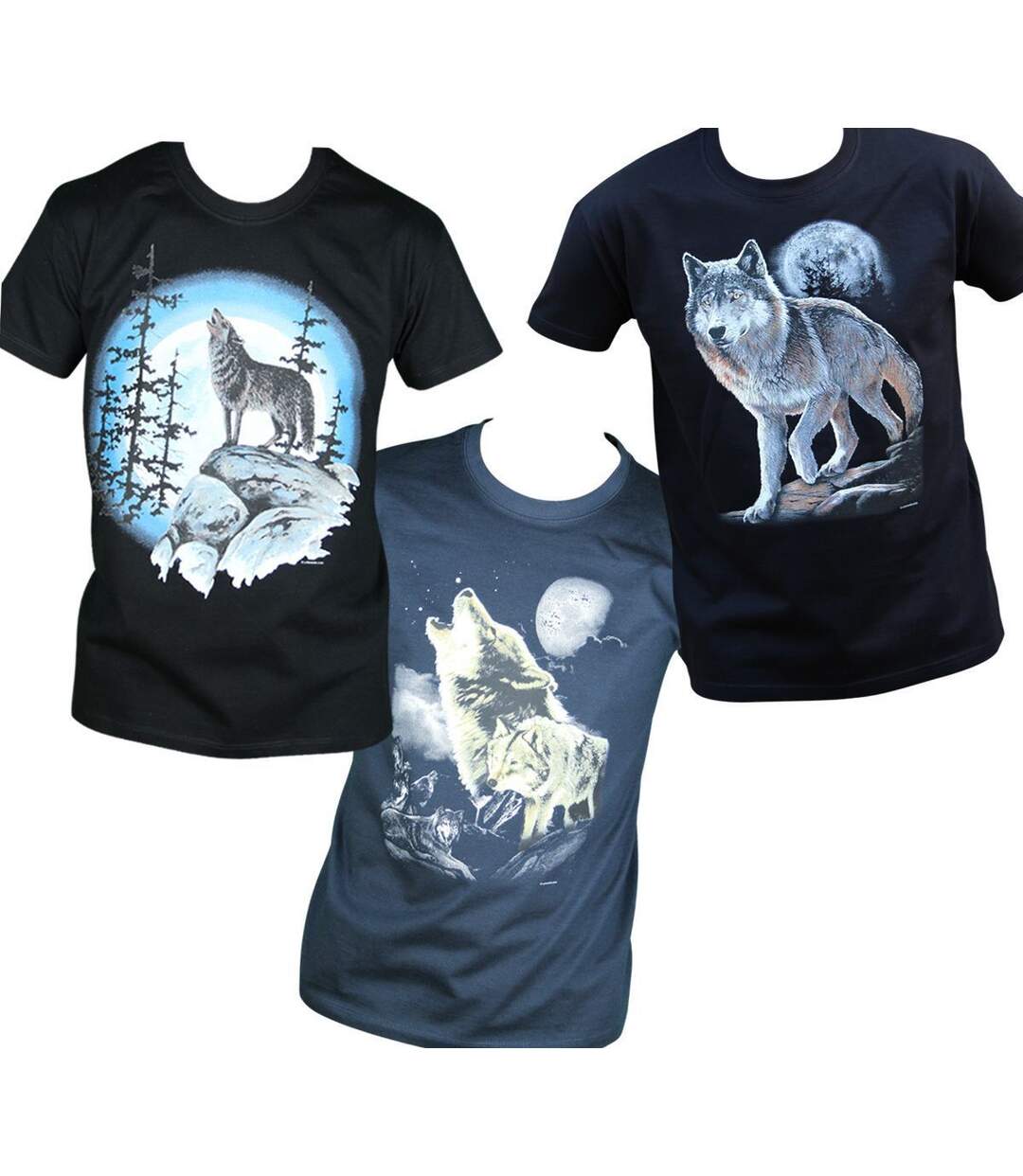 Lot 3 T-shirts homme manches courtes - Loups - noir et bleu marine