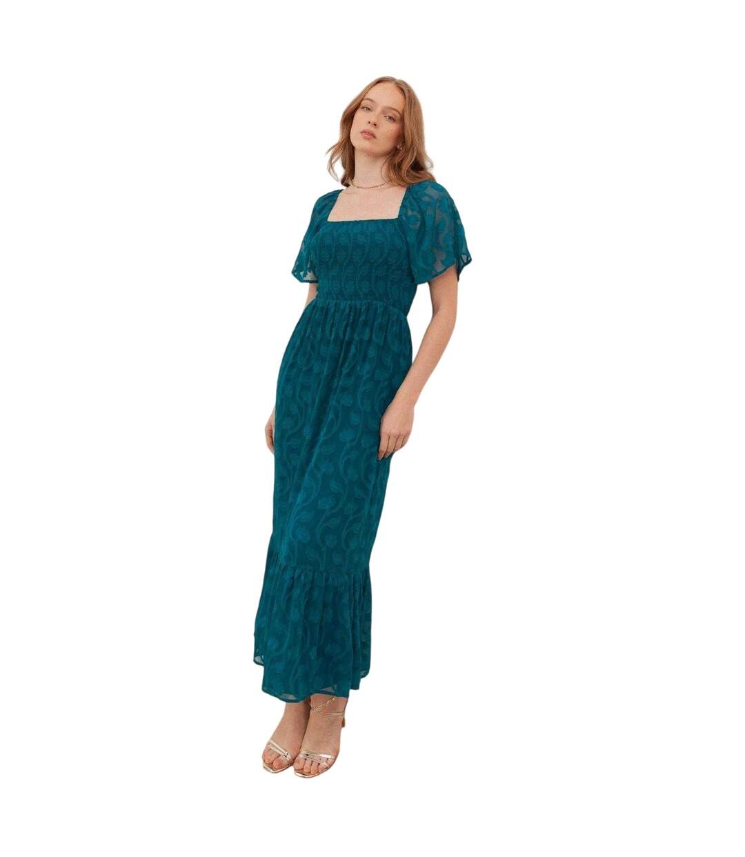 Robe Mi-longue Manches Style Ange Motif/style Floral En Relief Femme Vert Sarcelle Lovedrobe-1