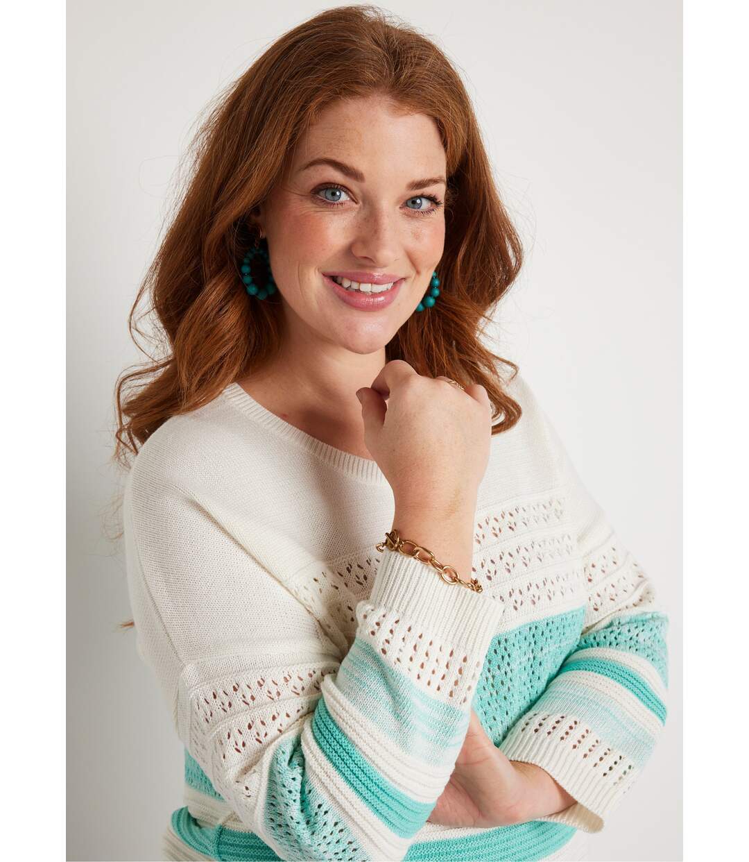 Pull manches 3/4 ajouré mélange coton-4