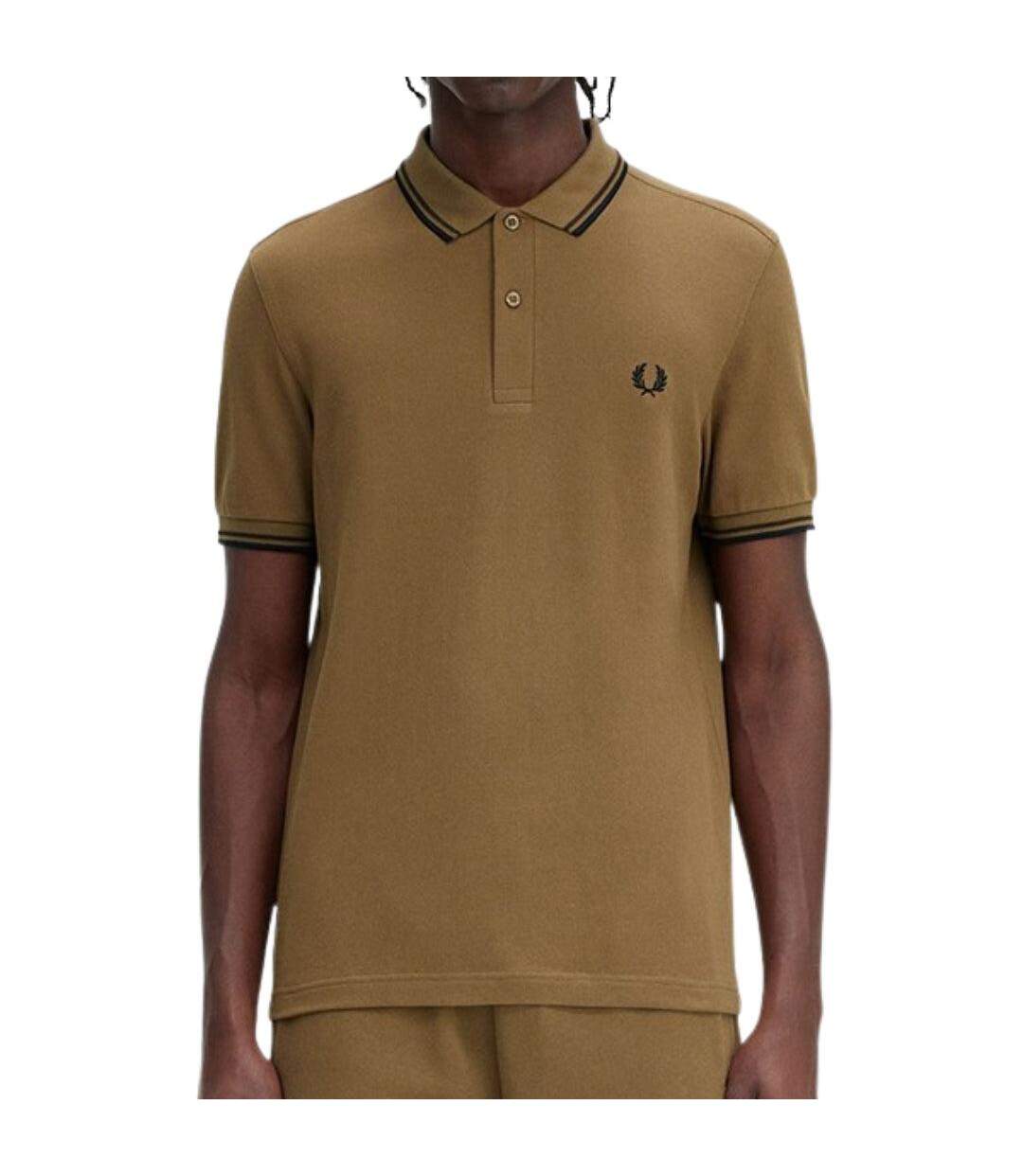 Polo Motif/style Col À Double Rayure Homme Noir Vert Kaki Fred Perry-3