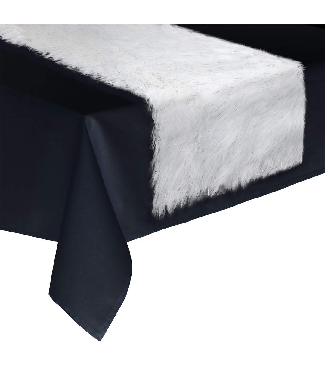 Chemin de table Noël imitiation fourrure Fantasy - L. 150 x l. 45 cm - Blanc à paillettes argents-1