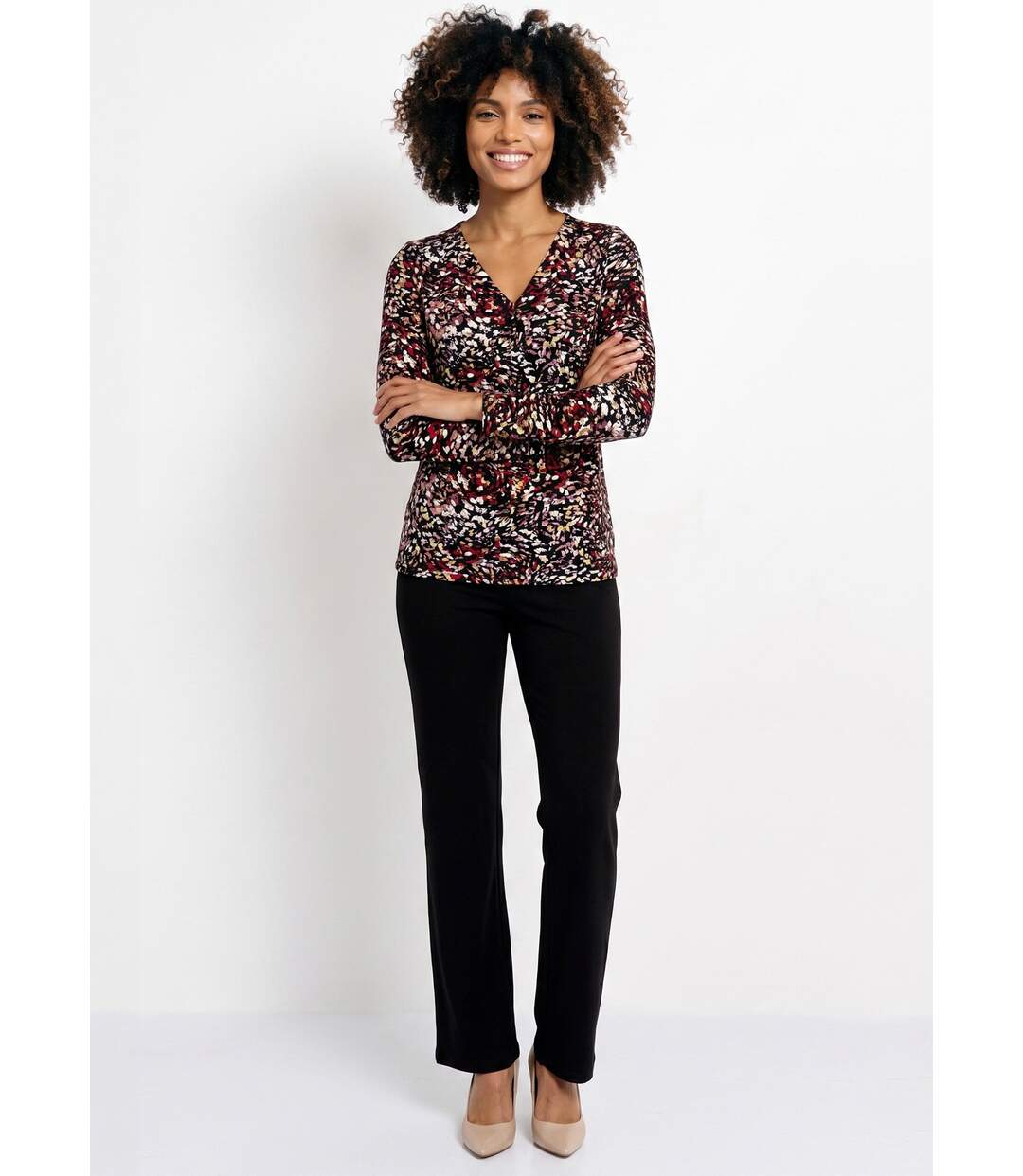 T-shirt stretch col V imprimé abstrait-3