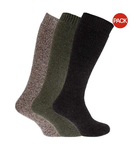 Lot de 3 Chaussettes pour bottes en caoutchouc en mélange de laine paires homme vert/charcoal/beige Universal Textiles