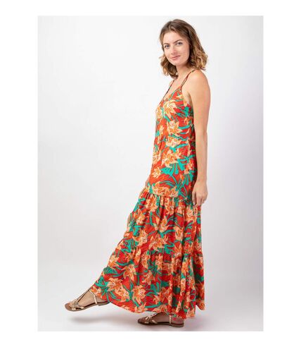 Robe bohème chic longue MONICA motif tropical orangé Coton Du Monde