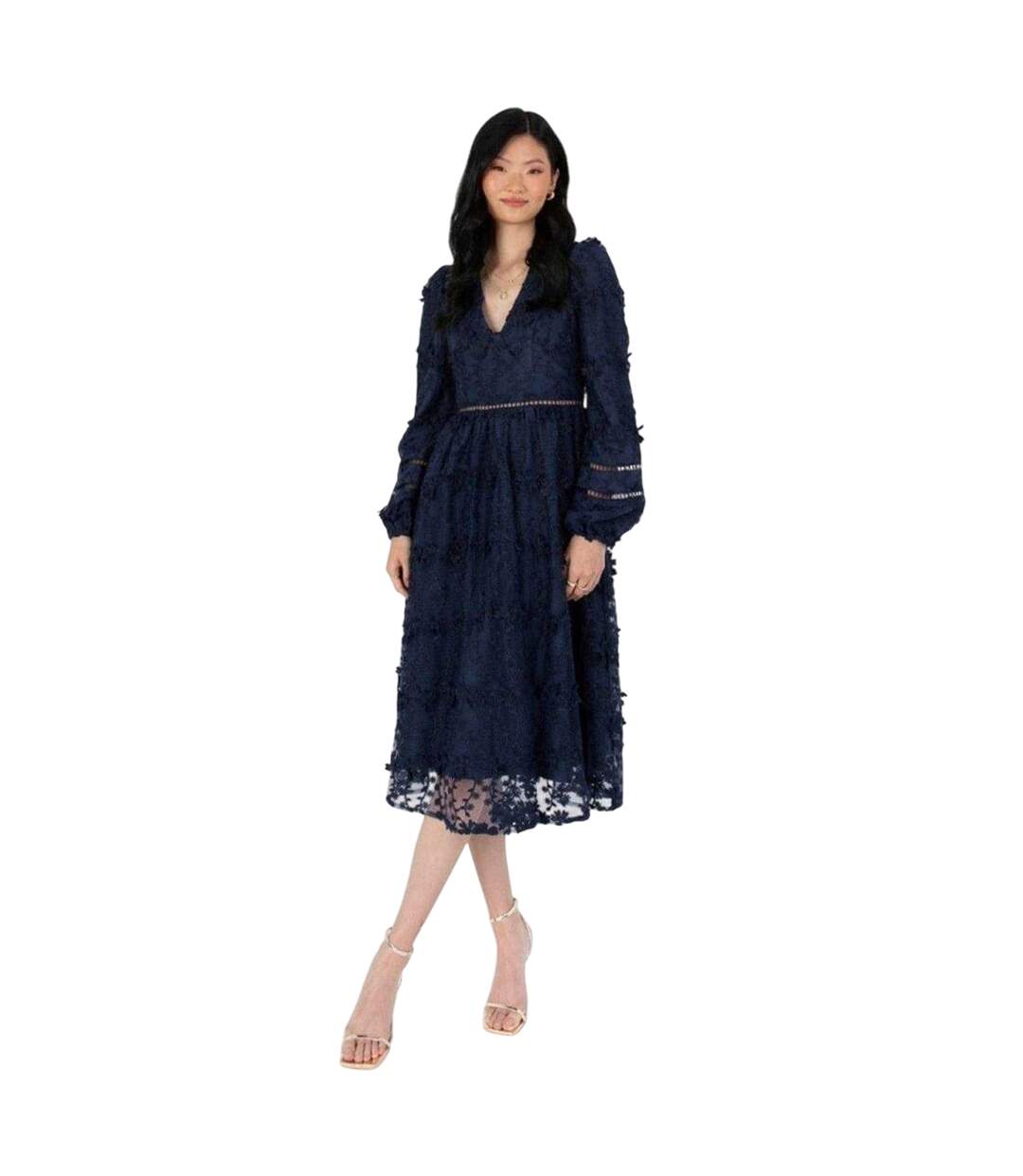 Womens/ladies Floral V Neck Midi Dress Navy Maya Deluxe-1
