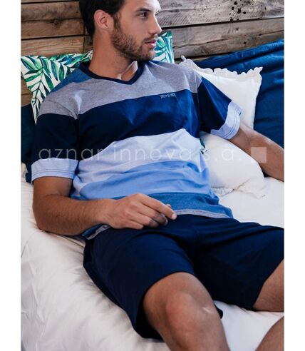 Tenue d'intérieur pyjama short t-shirt Stay Stripes bleu Admas