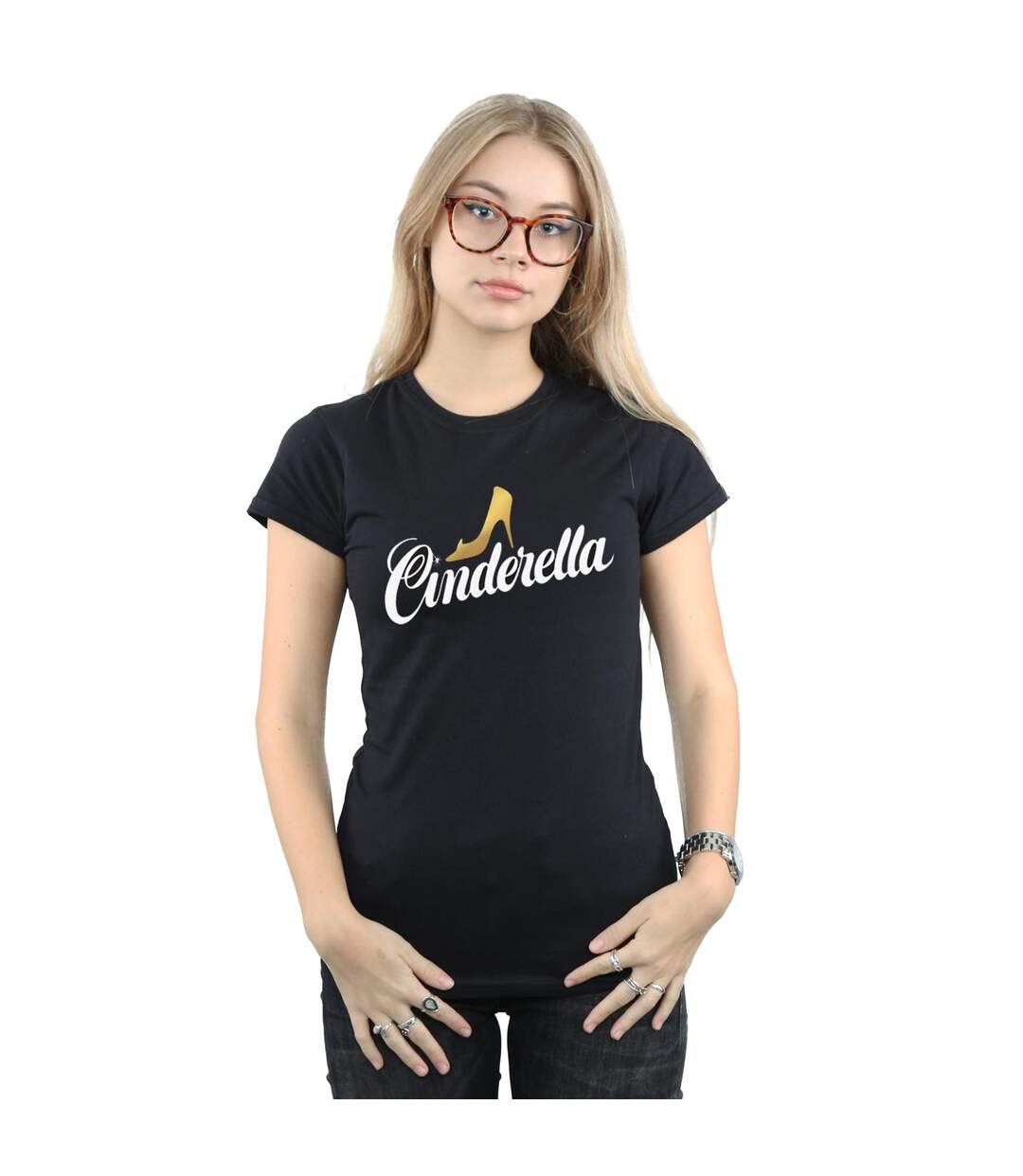 Disney T-shirt en coton avec logo de la chaussure de Cendrillon pour femmes/femmes (Noir) - UTBI16133-2