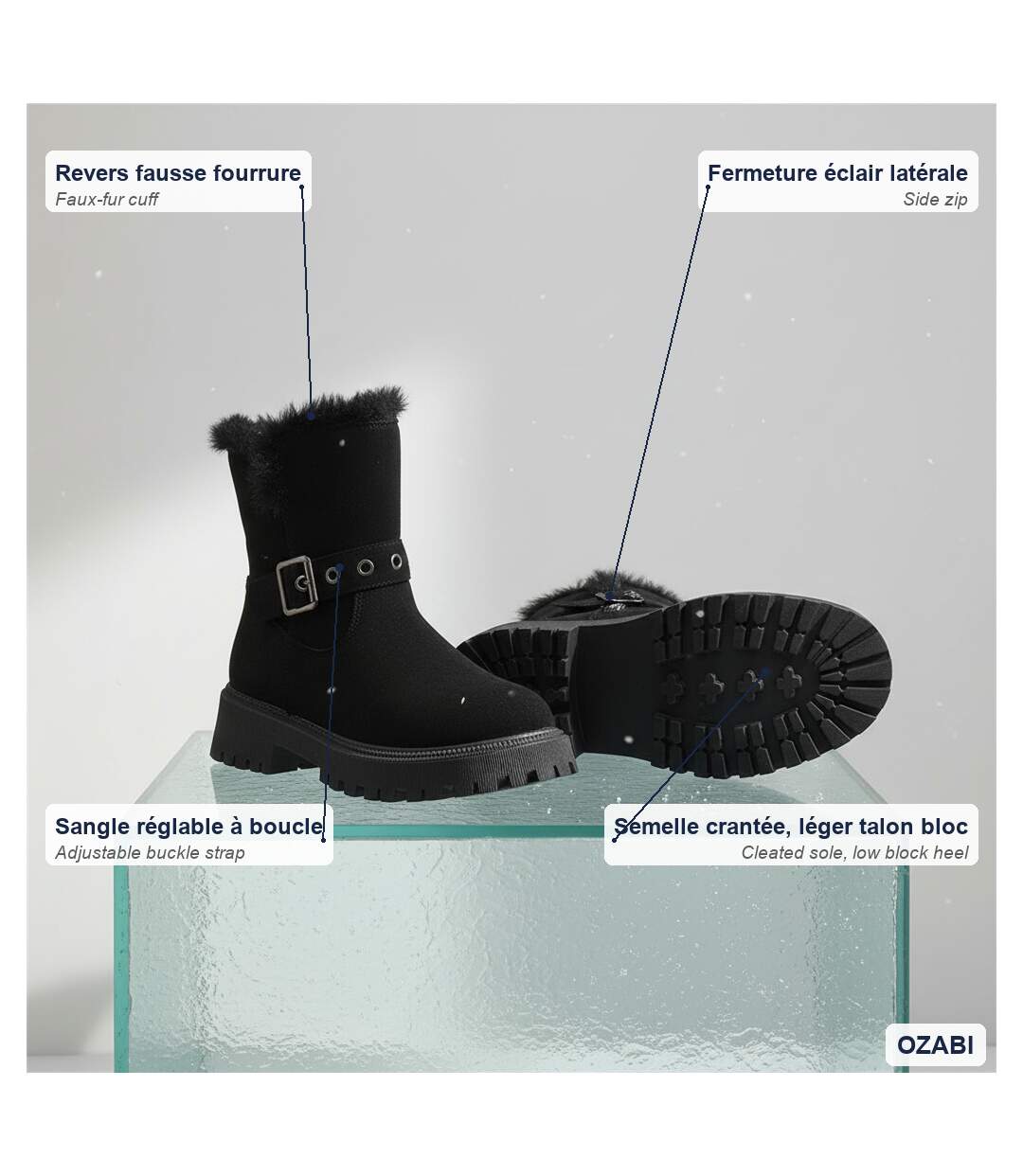 OZABI Bottines Fourrées Femme Suédine Zip et Sangle Semelle Crantée-4