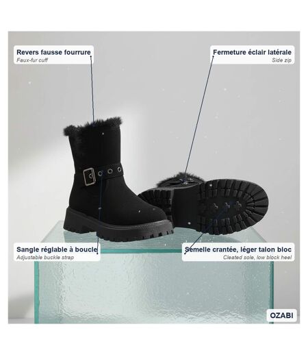 OZABI Bottines Fourrées Femme Suédine Zip et Sangle Semelle Crantée