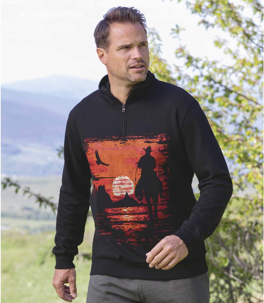 Men's Half-Zip Brushed Fleece Print Sweater - Black Atlas For Men