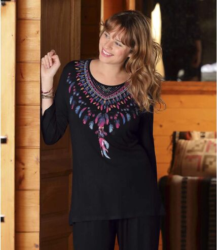 Women's Feather-Collar Tunic with Three-Quarter Sleeves