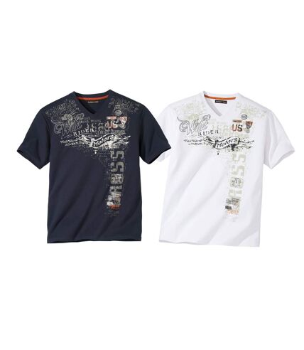 Pack of 2 Men's Rider Print T-Shirts - White Navy